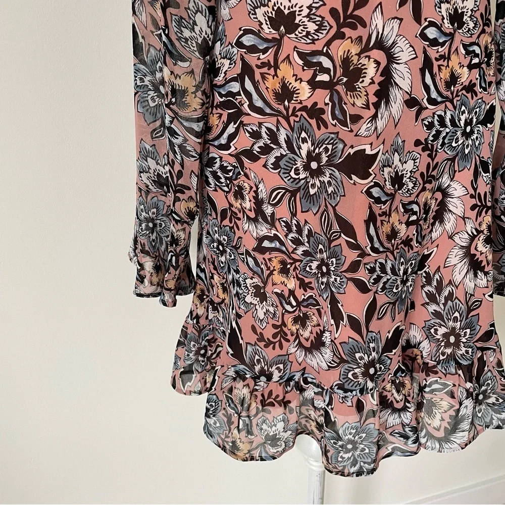 For Love & Lemons Gracie Nude Dusty Rose Floral Long Sleeve Mini Dress EUC Sz M